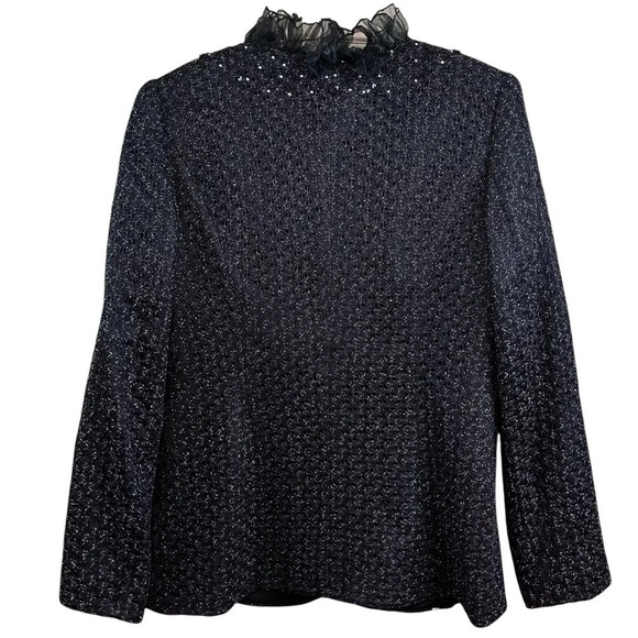 DVC Exclusive Metallic Ruffle Buttoned Evening Jacket Black Silver White Size 4 - Picture 2 of 9